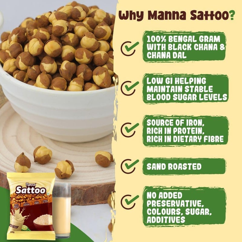 Manna Sattu/Sattoo Drink Mix - 100% Bengal Gram, High Protein & Fibre, 1 Kg (500g x 2 Packs) - Image 5